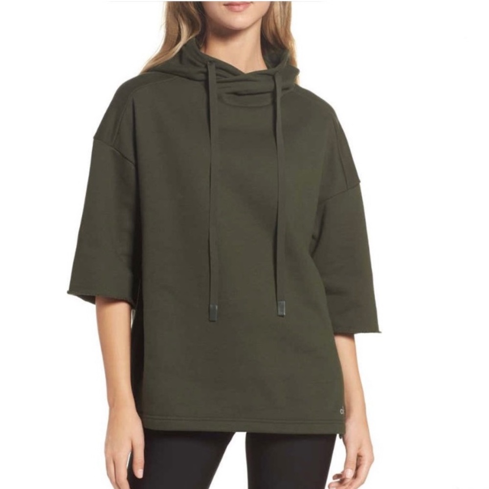ALO Yoga Falls Short Sleeve Oversized Hunter Olive Green Hoodie Sweatshirt Med